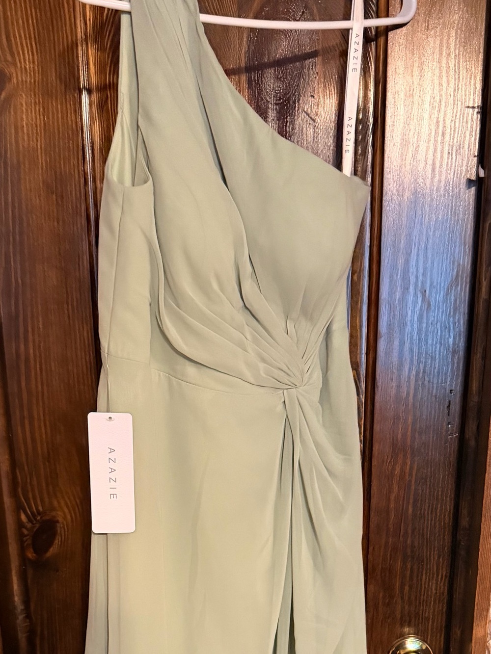 Azazie Light Sage Draped Maxi dress NWT